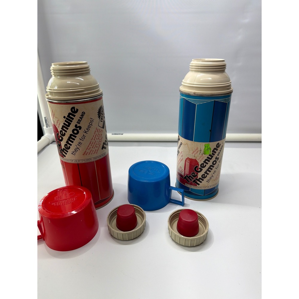 Vintage 1974 King-Seeley Thermos Set Red Blue Vacuum Bottles 10in Pair - Picture 5 of 9